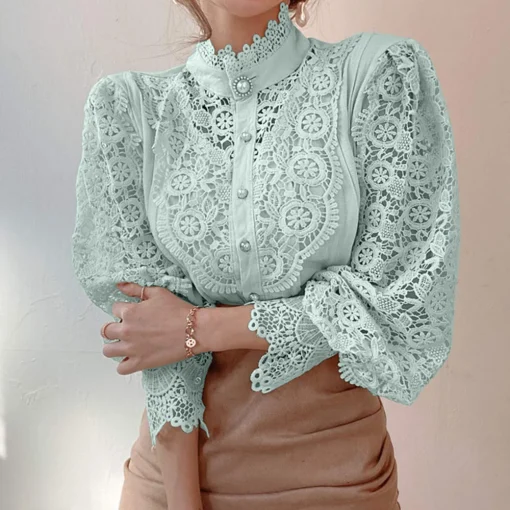 Plus Size Elegant Lace Embroidery Stand Collar Tunic - Image 3