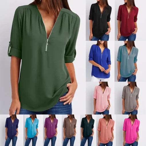 Plus Size Loose Deep V Neck Chiffon Blouse for Women