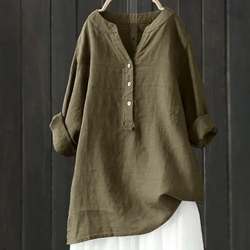 Plus Size Vintage Loose Cotton Linen Long Sleeve Blouse - Image 5