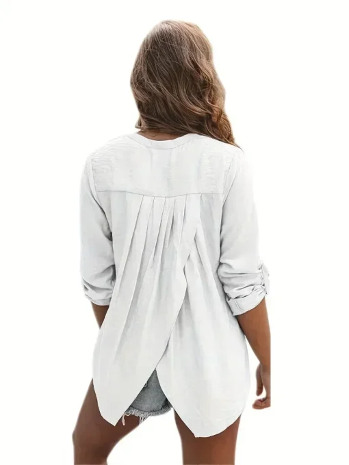 Plus Size V-Neck Loose Fit Solid Color Blouse - Image 5