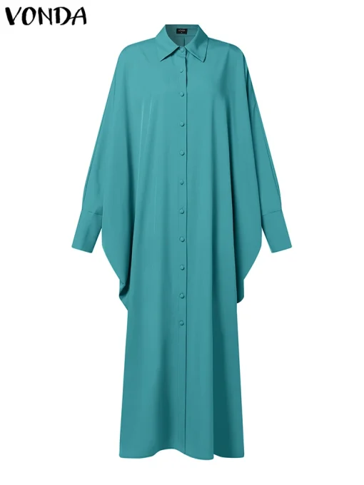 Plus Size Casual Bat Sleeve Maxi Shirt Dress - Image 2