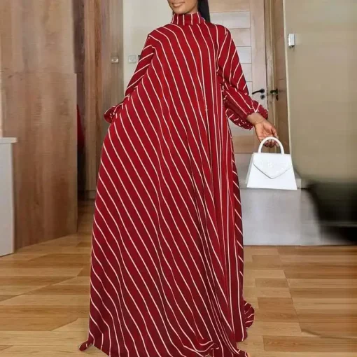 Women's Striped Bohemian High Neck Maxi Dress - Image 5