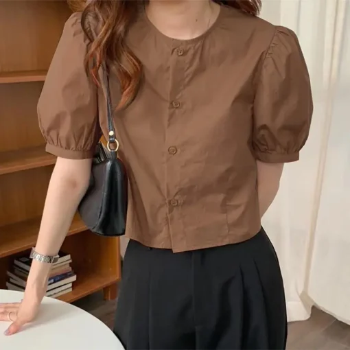 Casual Loose Pleated Short Sleeve Round Neck Blouse - Image 6