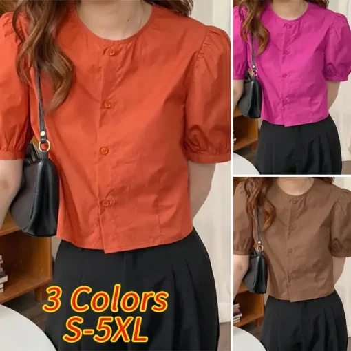 Casual Loose Pleated Short Sleeve Round Neck Blouse