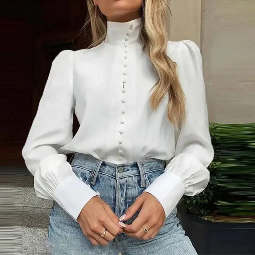 Elegant Long Sleeve Stand Collar Blouse for Women - Image 5