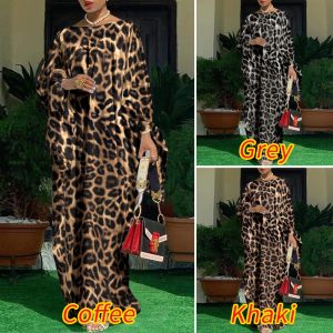 Women Kaftan Dress Vintage Leopard Print Maxi Long Sleeve
