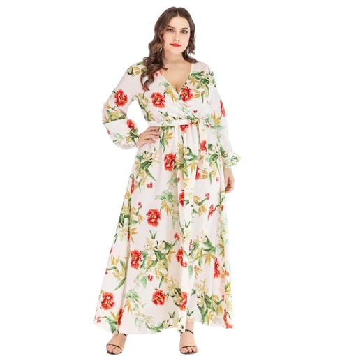 Plus Size V-Neck Floral Print Long Sleeve Dress