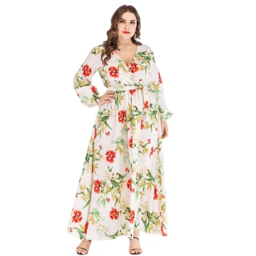 Plus Size V-Neck Floral Print Long Sleeve Dress - Image 7