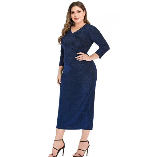 Plus Size V-Neck Sequined Bodycon Maxi Party Dress - Image 2