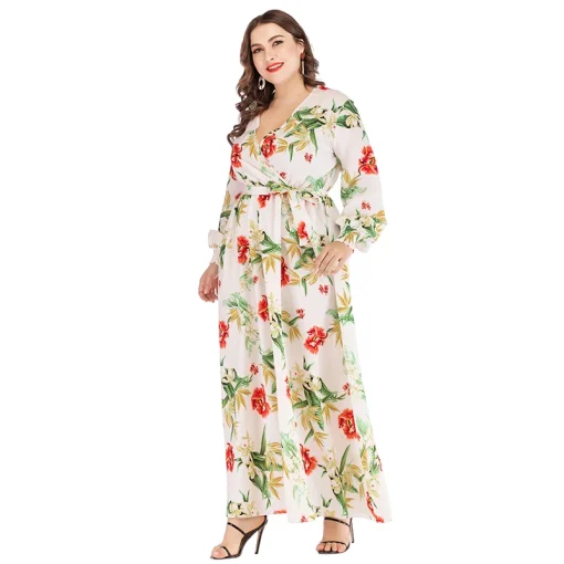 Plus Size V-Neck Floral Print Long Sleeve Dress - Image 4