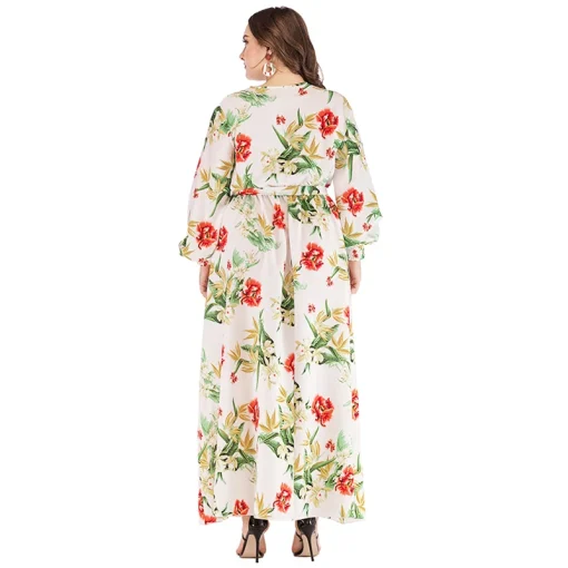 Plus Size V-Neck Floral Print Long Sleeve Dress - Image 6