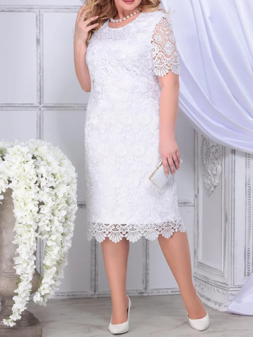 Plus Size Elegant White Floral Embroidery Midi Dress