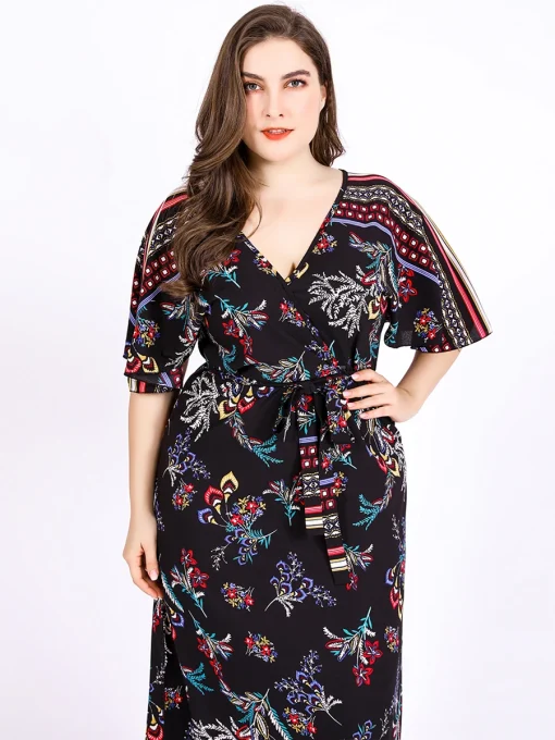 Plus Size Floral Print V-Neck Casual Summer Dress - Image 3