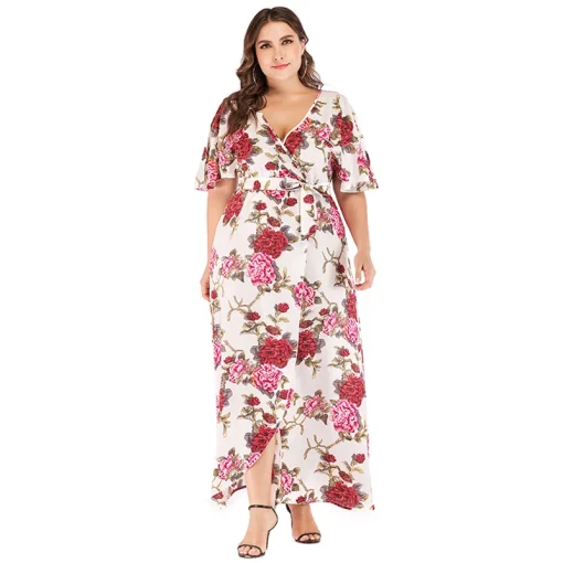 Plus Size V-Neck Floral Print Boho Maxi Dress