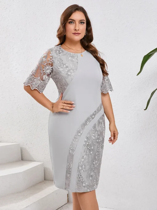 Plus Size Embroidered Floral Pencil Midi Party Dress - Image 6