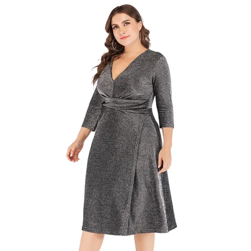 Plus Size Sequined V-Neck Midi Party Dress - Image 2