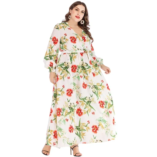 Plus Size V-Neck Floral Print Long Sleeve Dress - Image 3