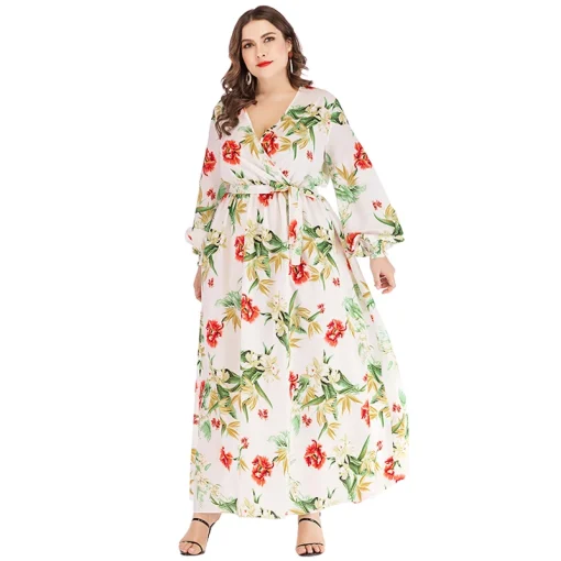 Plus Size V-Neck Floral Print Long Sleeve Dress - Image 2