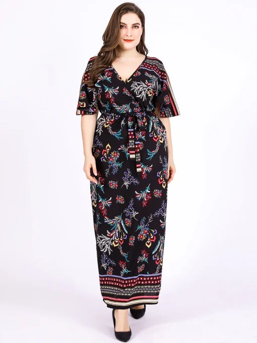 Plus Size Floral Print V-Neck Casual Summer Dress