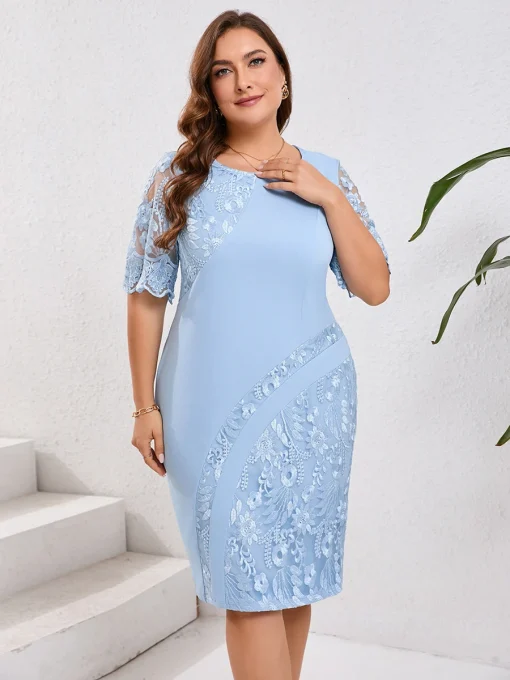 Plus Size Embroidered Floral Pencil Midi Party Dress