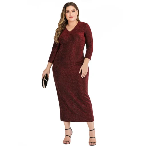 Plus Size V-Neck Sequined Bodycon Maxi Party Dress - Image 4