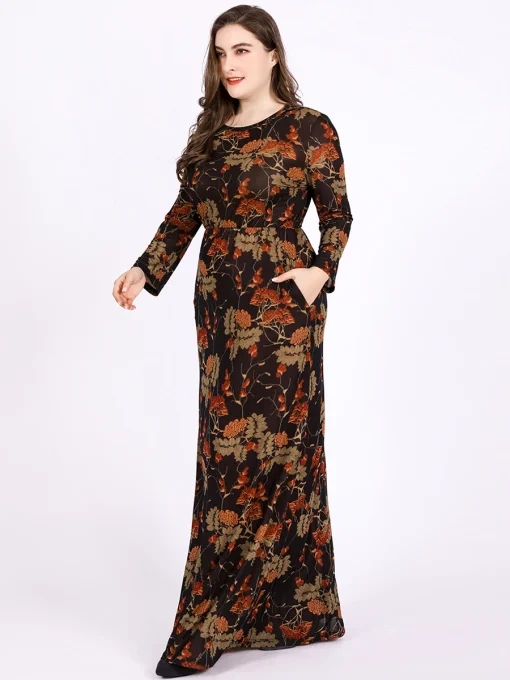 Plus Size Vintage Long Sleeve Dress with Pockets - Image 2