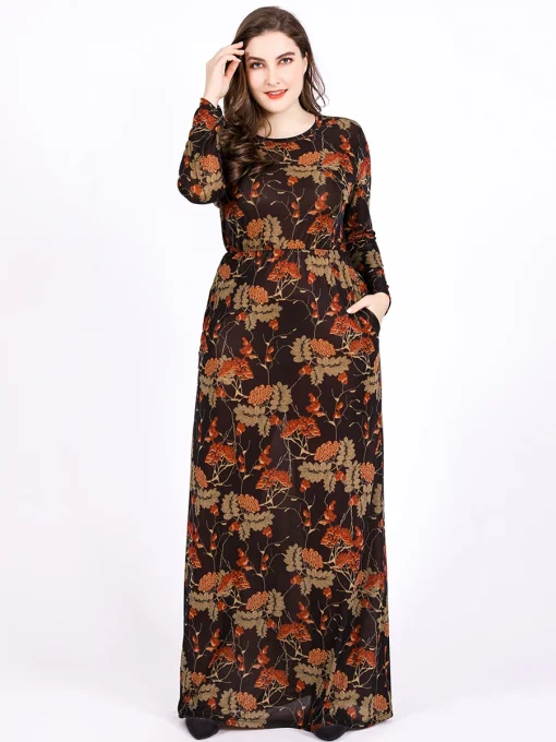 Plus Size Vintage Long Sleeve Dress with Pockets