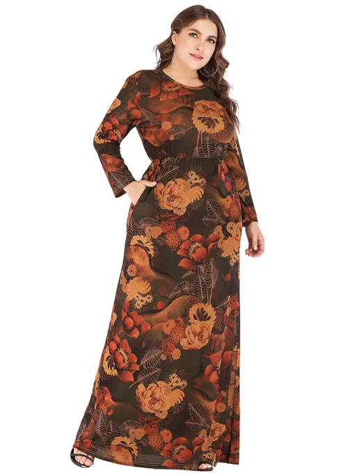 Plus Size Vintage Long Sleeve Dress with Pockets - Image 5