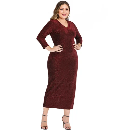 Plus Size V-Neck Sequined Bodycon Maxi Party Dress - Image 5