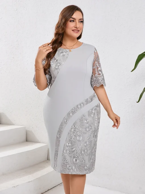 Plus Size Embroidered Floral Pencil Midi Party Dress - Image 3