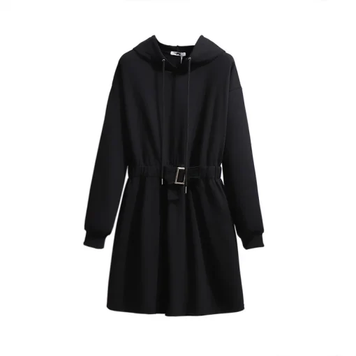 Plus Size Women's Black Hoodie Sweatshirt Coat with Belt - Image 5