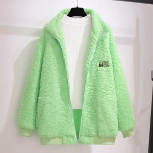 Plus Size Women's Green Fleece Zipper Jacket Coat
