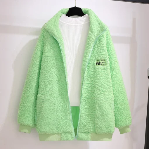 Plus Size Women's Loose Green Fleece Zipper Jacket