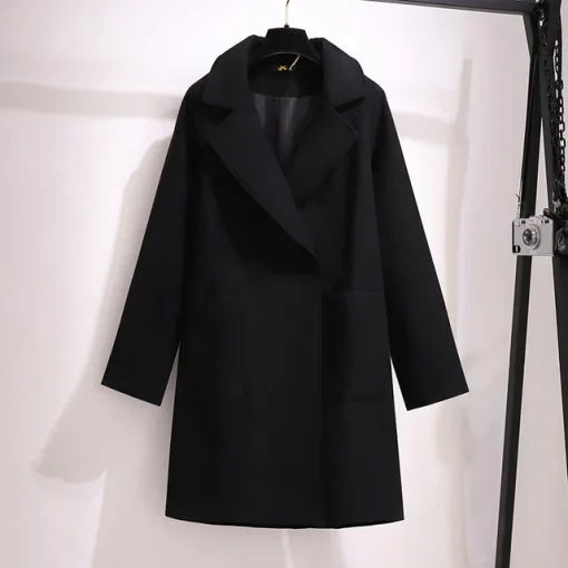 Plus Size Women's Loose Black Woolen Overcoat - Image 7