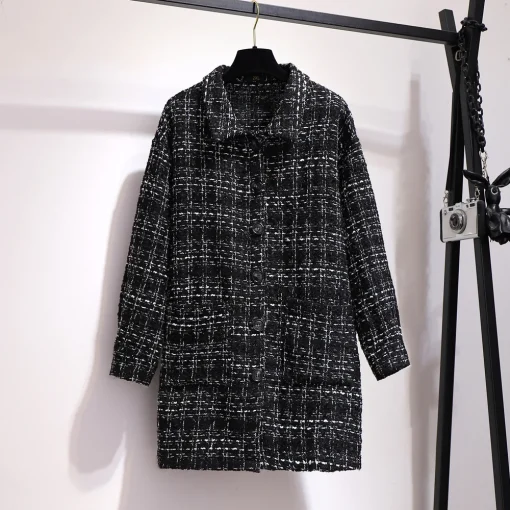 Plus Size Women's Black Plaid Woolen Long Overcoat - Image 6