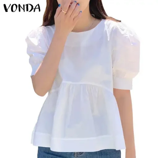 Women's Summer Pleated Crew Neck Casual Blouse - Image 9