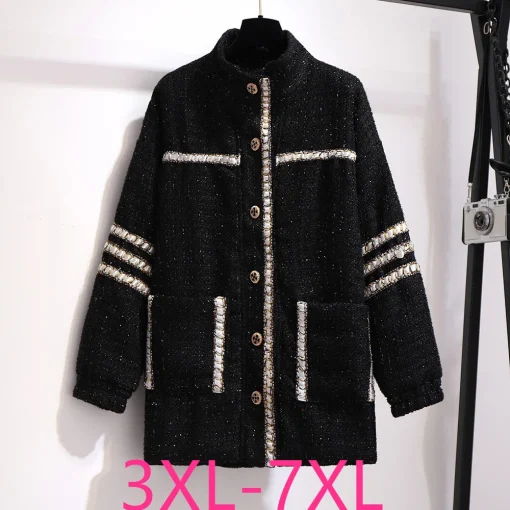 Plus Size Women's Loose Black Woolen Jacket with Pockets