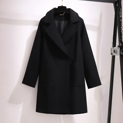 Plus Size Women's Black Woolen Button Overcoat with Long Sleeves - Image 5