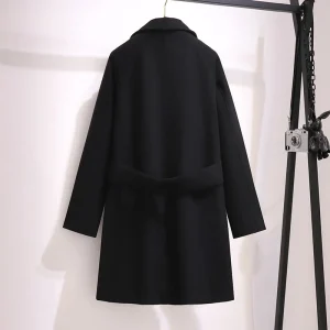 Plus Size Women's Black Woolen Button Overcoat with Long Sleeves