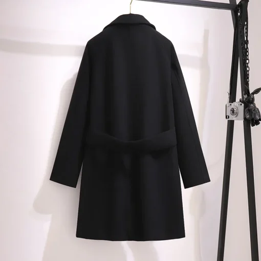 Plus Size Women's Black Woolen Button Overcoat with Long Sleeves