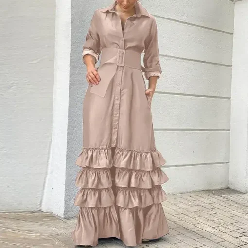 Bohemian Loose Ruffle Maxi Dress with Long Sleeves - Image 8