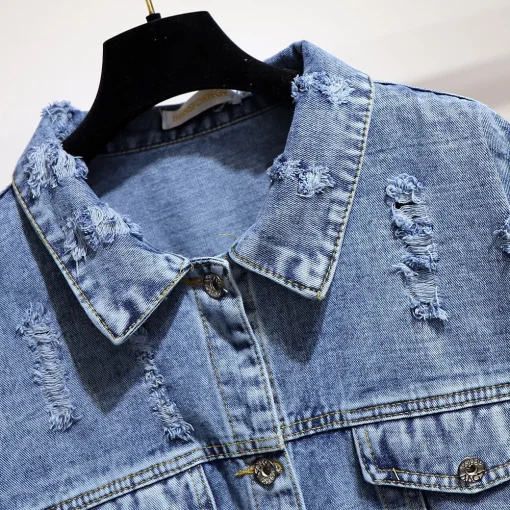 Plus Size Blue Denim Casual Cotton Jacket for Women - Image 5