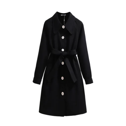 Plus Size Black Woolen Belted Overcoat for Women