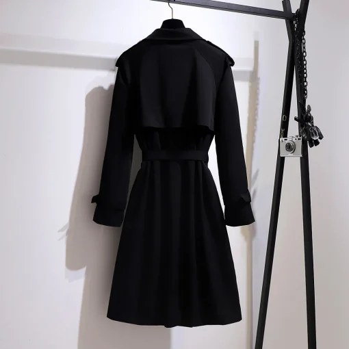 Plus Size Women's Black Belted Long Sleeve Trench Coat