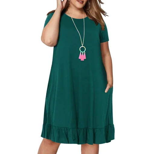 Plus Size Spring Loose Ruffled Solid Dress for Women