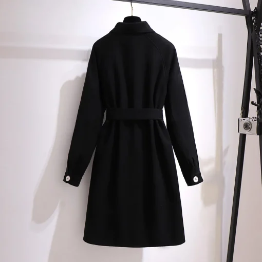 Plus Size Black Woolen Belted Overcoat for Women - Image 3