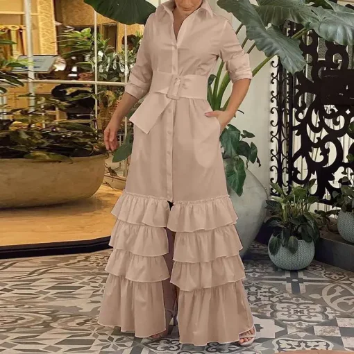 Women’s Vintage Maxi Dress with Long Sleeves and Ruffles - Image 3