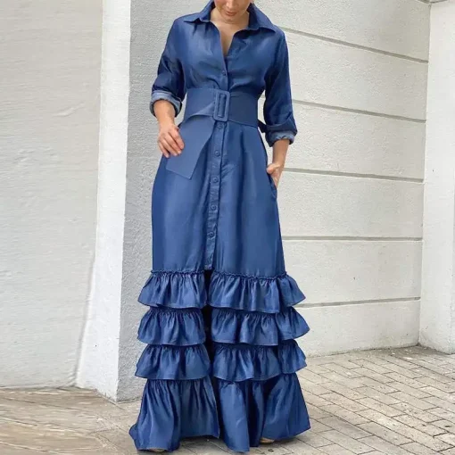 Bohemian Loose Ruffle Maxi Dress with Long Sleeves