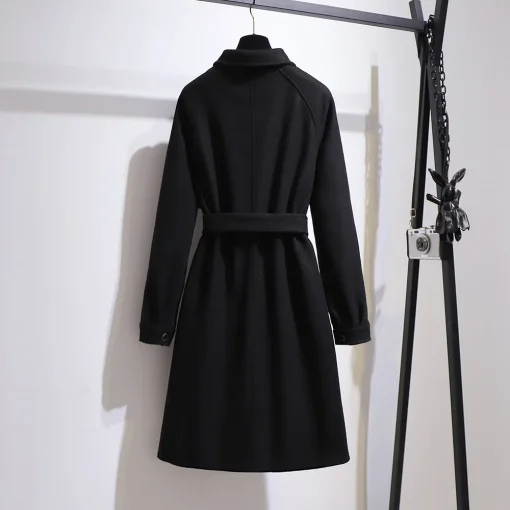 Plus Size Women's Black Woolen Belted Overcoat with Pockets - Image 2