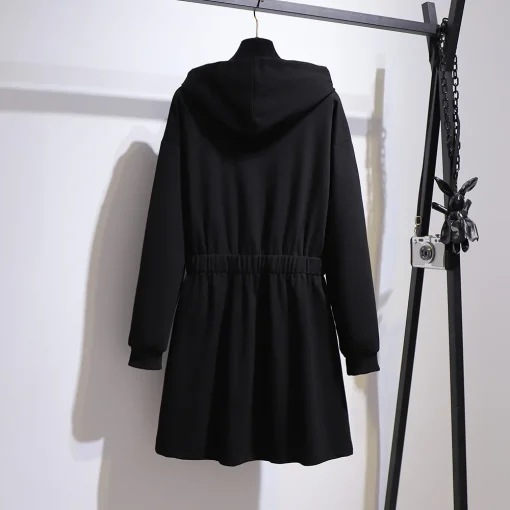 Plus Size Women's Black Hoodie Sweatshirt Coat with Belt - Image 3